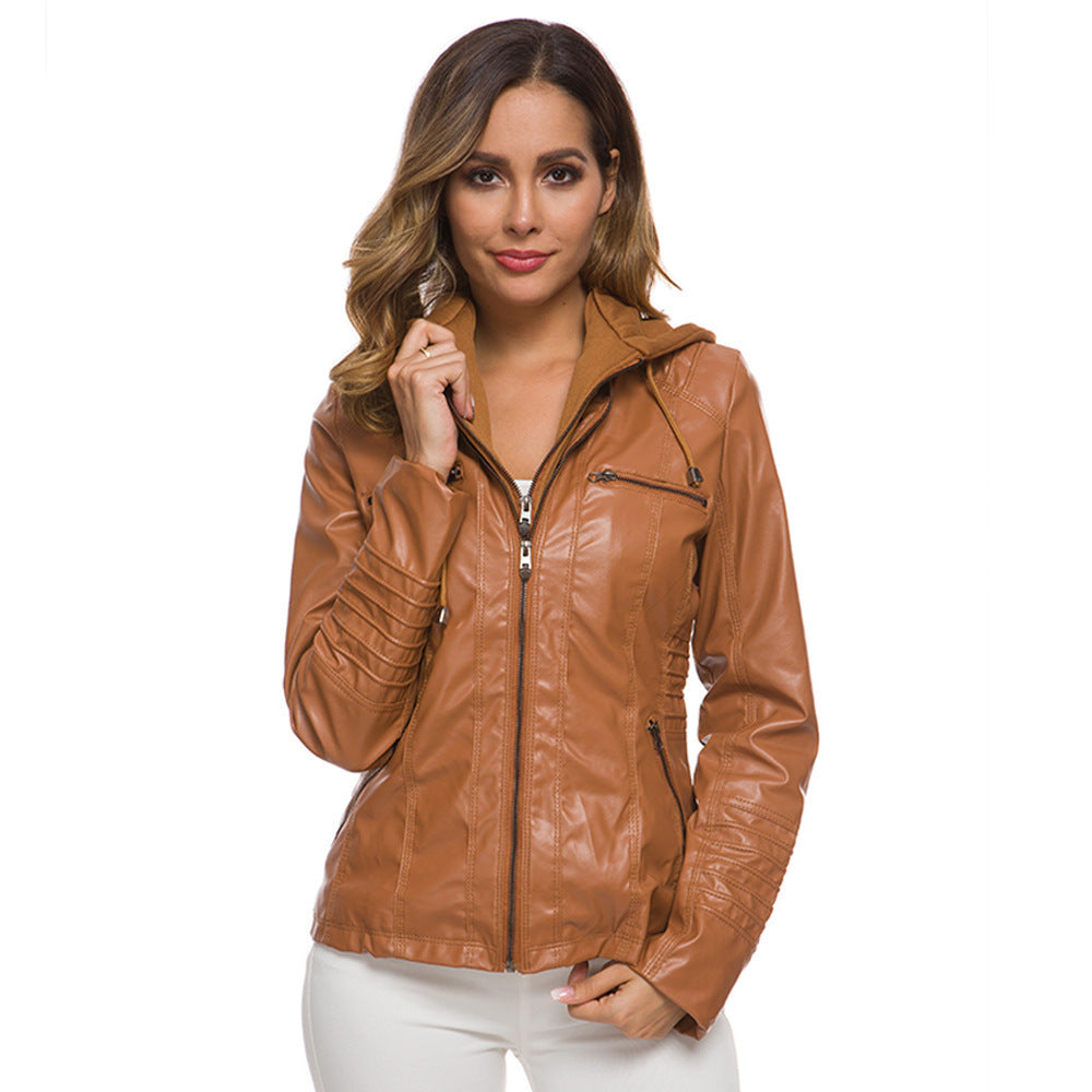 Women's Hooded Leather Two-piece Detachable For Washed Jackets