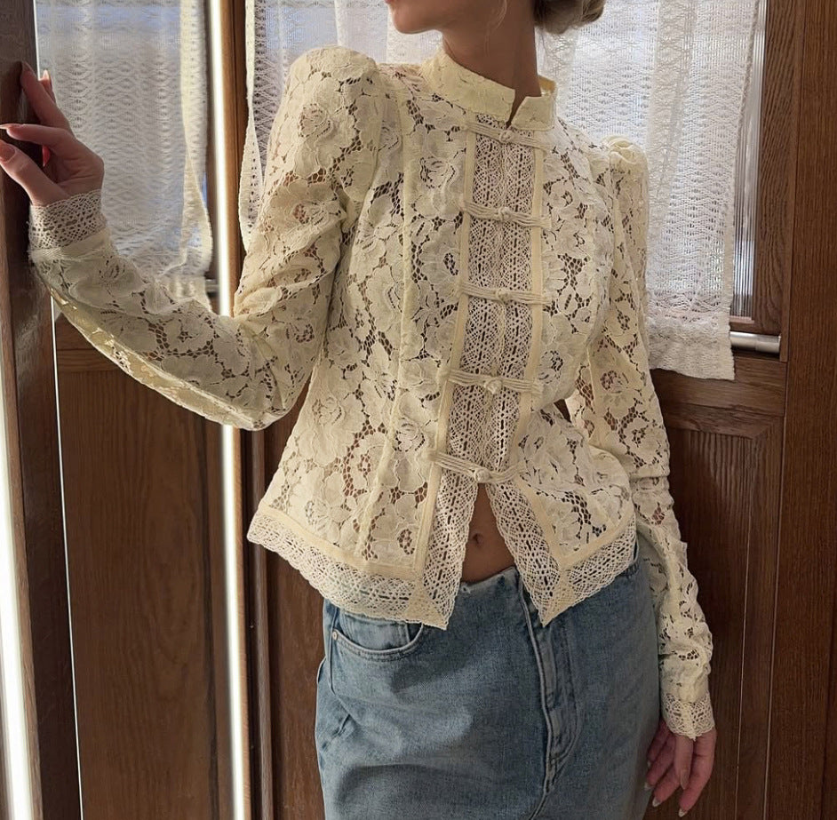 Women's Commute Lace Crochet Stand-up Collar Slim Blouses