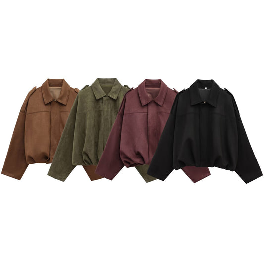 Women's Pilot Batwing Sleeve Loose Zip Suede Jackets