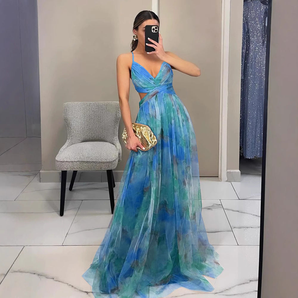 Mesh Printing Slip Dress Vacation Leisure Dresses