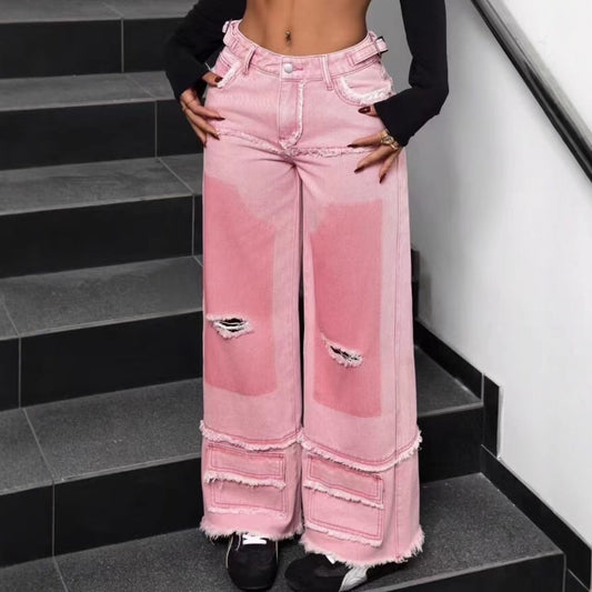 Women's Fashion Ripped Cool Stitching Gradient Pink Jeans