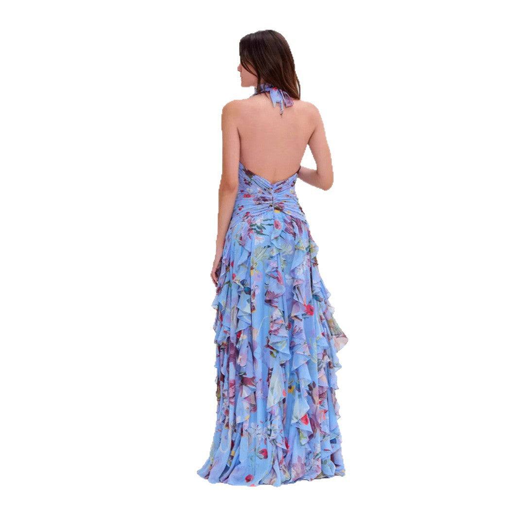 Women's Gentle Fashion Printed Pleated Waist Tight Dresses