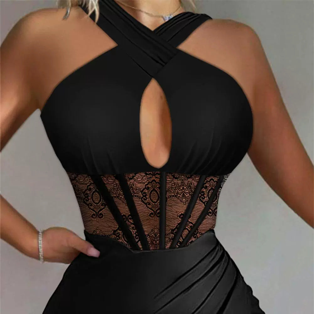 Women's Black Satin Stitching Lace Girdle Tight Pants