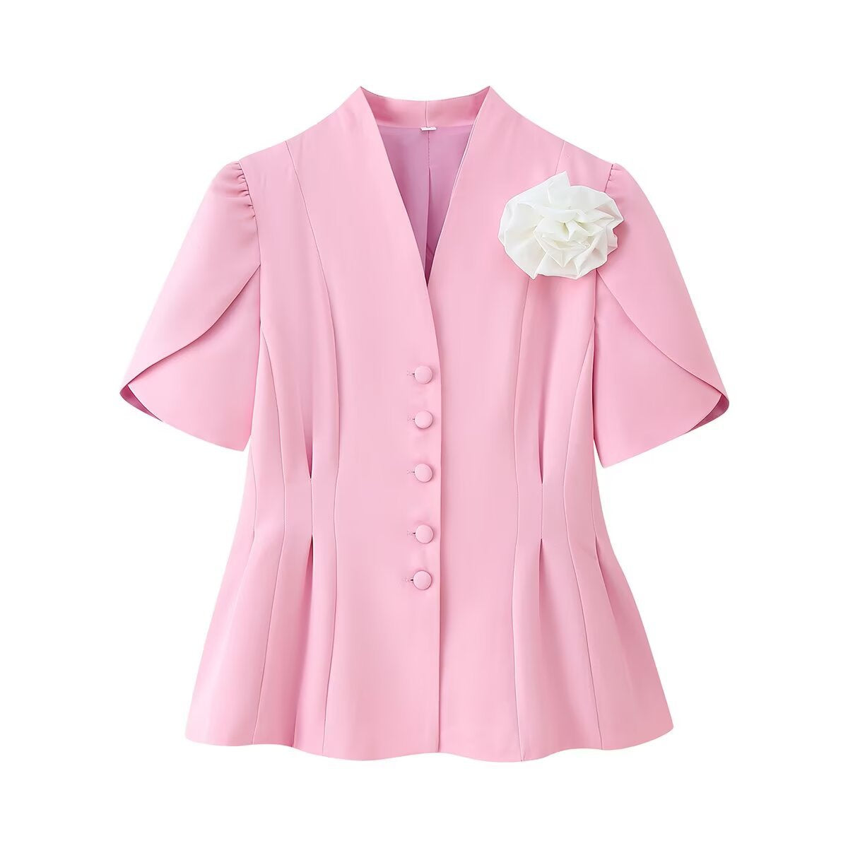 Women's Summer Handmade Flowers Waist Trimming Short-sleeved Blouses