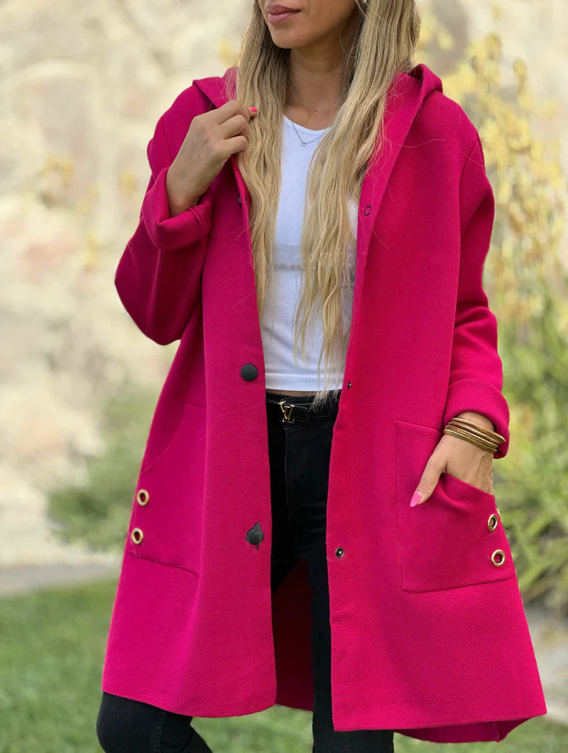 Solid Color Casual Single-breasted Hooded Woolen Coats