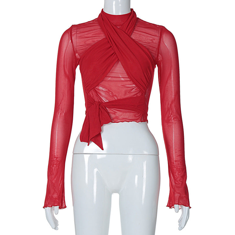 Women's Fashion Sexy Tight Long Sleeve Tied Stitching Blouses
