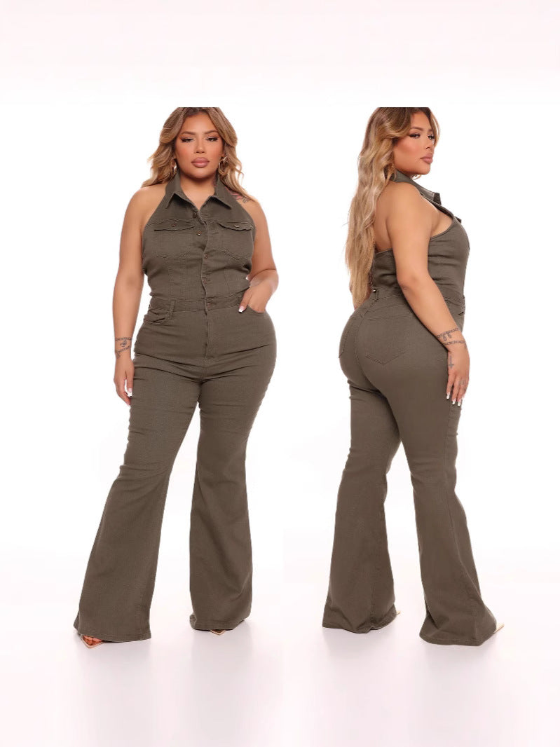 Women's Denim Fashion High Elastic Sexy Backless Jumpsuits