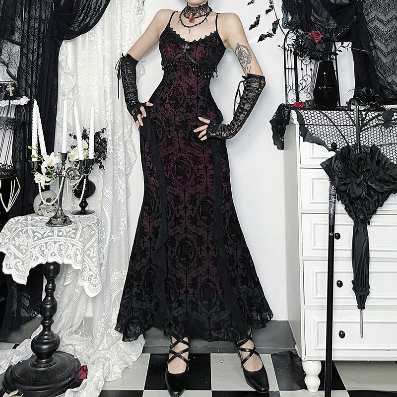 Autumn Cross Flocking Tassel Dress Asian Dresses