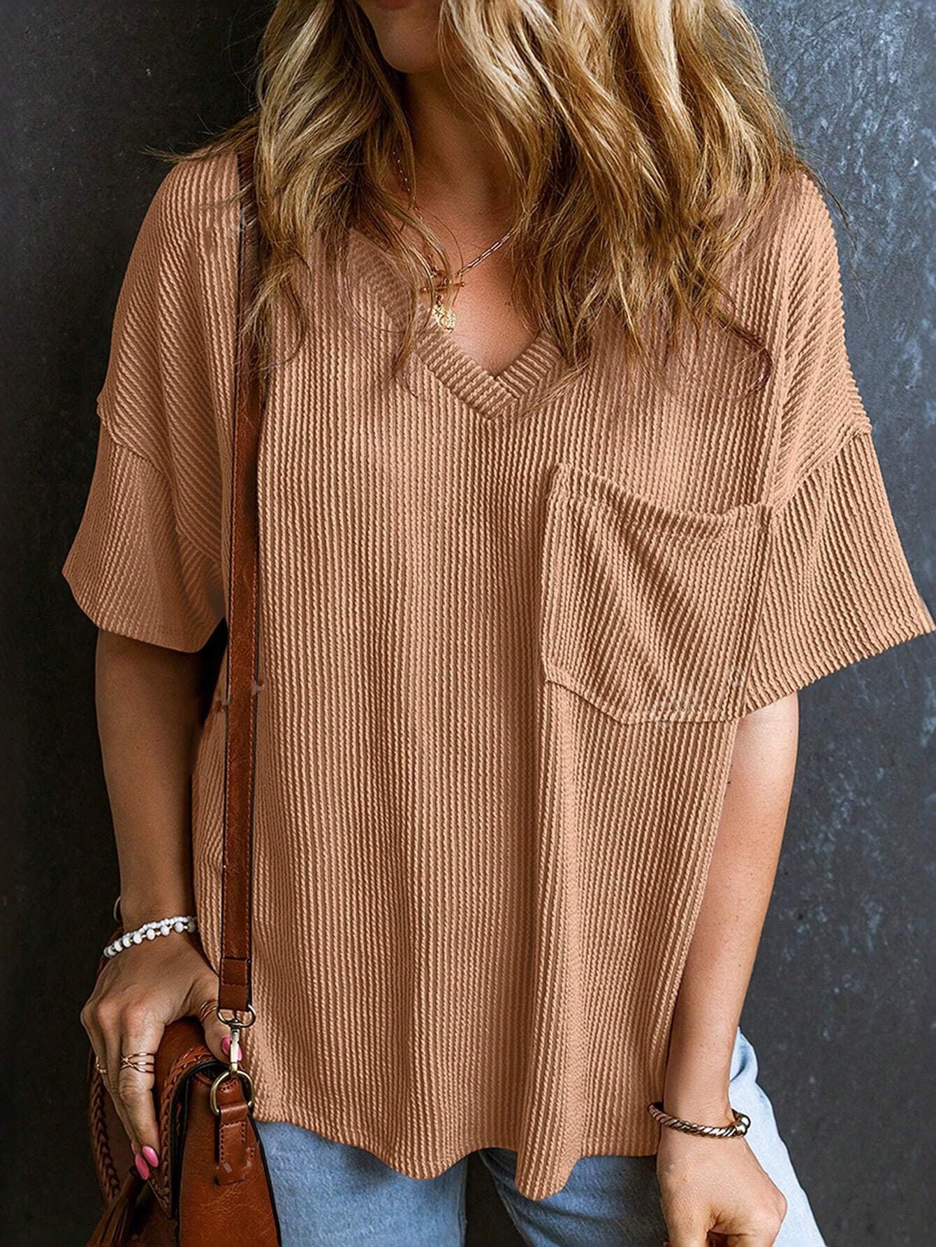 Women's Fashionable Two-color Twisted Pocket Short-sleeved For Blouses