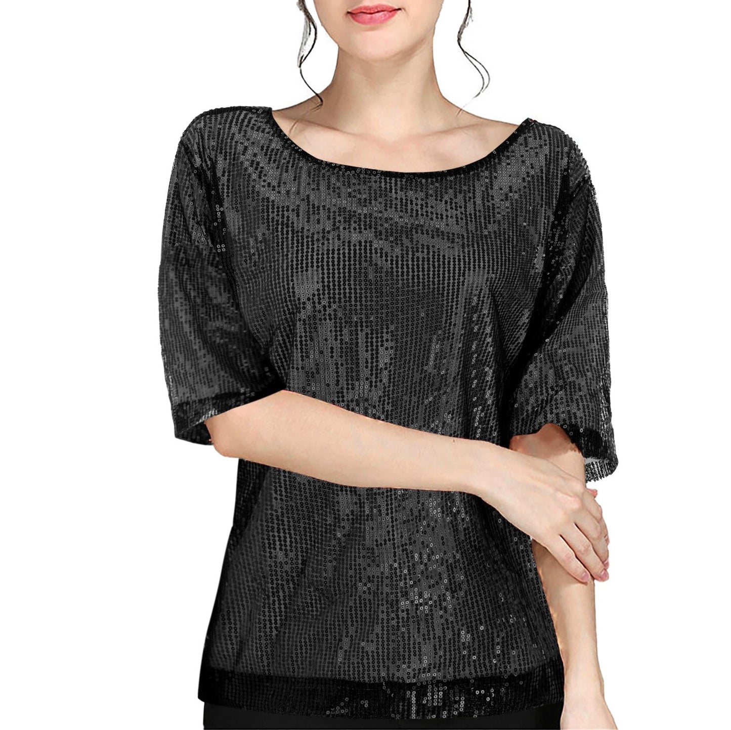 Women's Summer Sleeve Solid Color Sequin Sequined T-shirt Knitwear