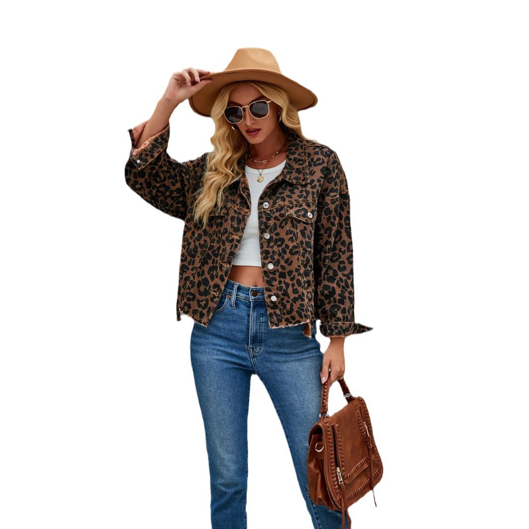 Women's Leopard Print Fashion Casual Denim Jackets