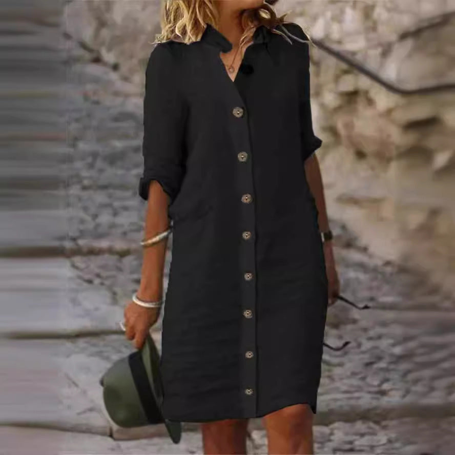 Women's Collar Half Sleeve Large Round Buckle Cotton Dresses