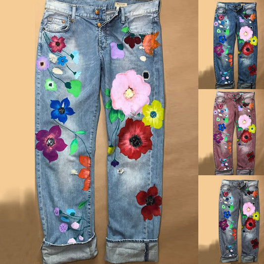 Women's Quality Blockbusters Exquisite Printing Denim Straight Go Out Jeans