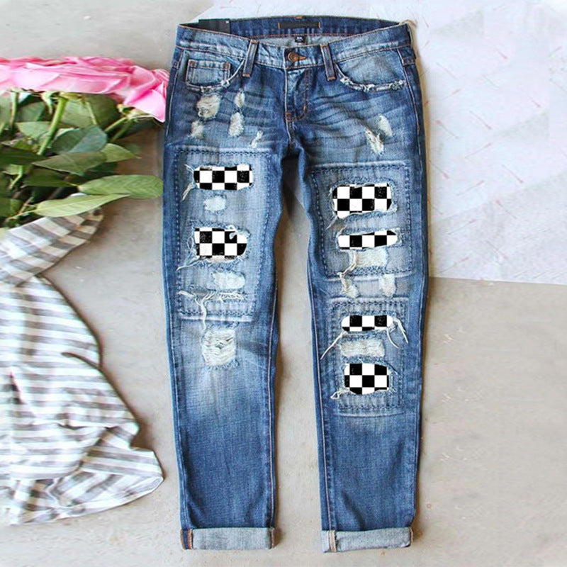Casual Black White Plaid Button Pocket Jeans