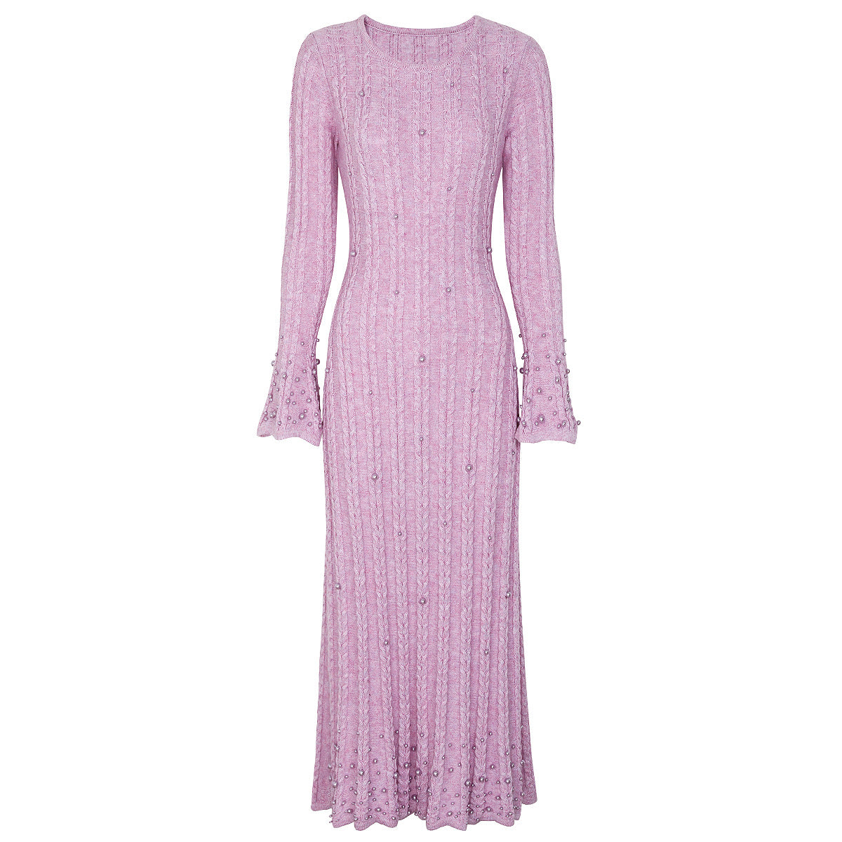 Wool Round Neck Nail Pearl Flared Dresses