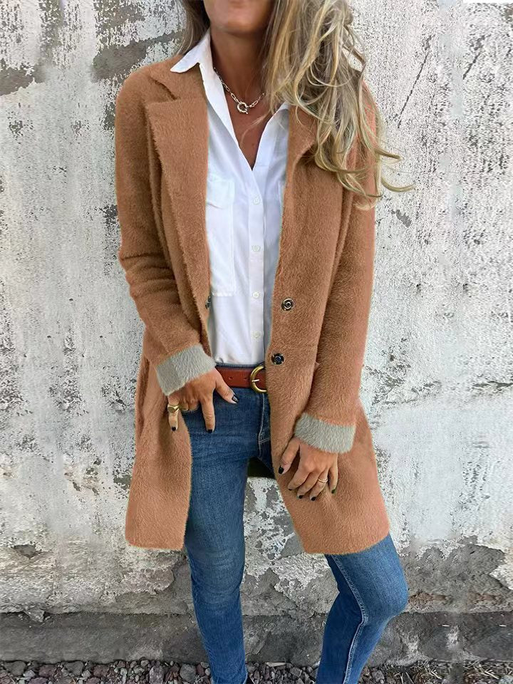 Women's Lapel Pocket Single-breasted Mid-length Plush Coats