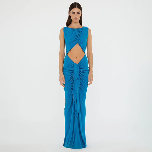 Women's Elegant Stitching Sexy Dress Blue Hollow High Dresses
