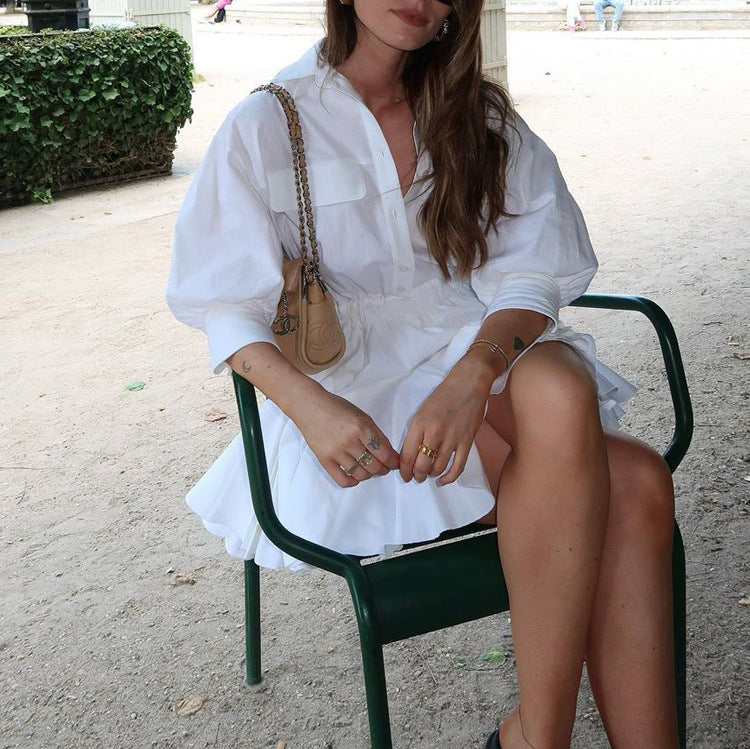 Women's Casual A- Line Dress Cotton Lapel Sleeve Dresses