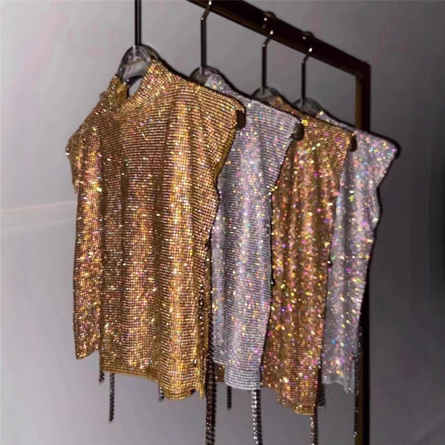 Charming Nightclub Sexy Turtleneck Rhinestone Metal Tops