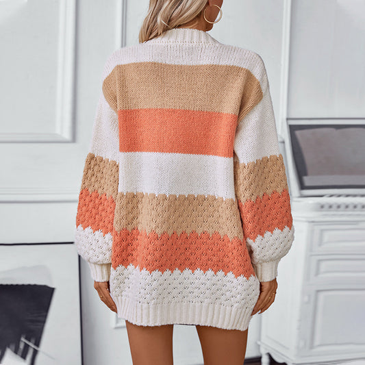 Women's Contrast Color Striped Casual Loose Lantern Cardigans