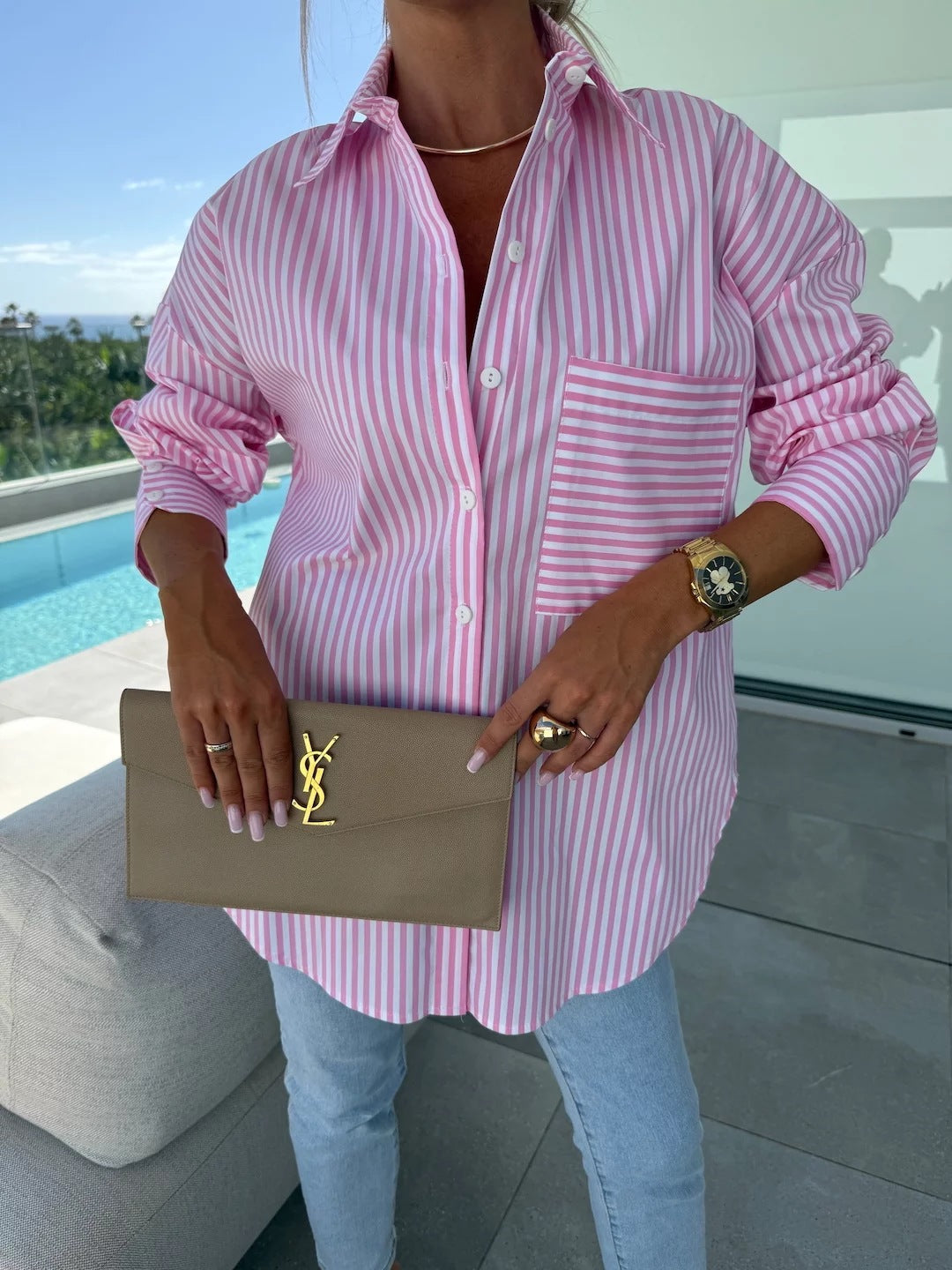 Women's Summer Loose Casual Shirt Striped Long Blouses