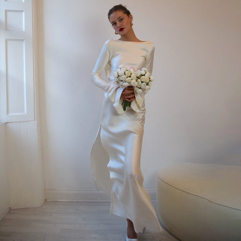 Backless Satin High Slit Flared Sleeves Dresses