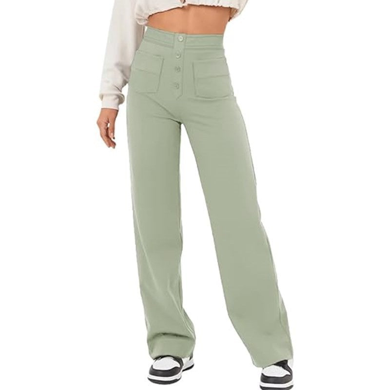 Women's Casual High Waist Texture Button Elastic Pants