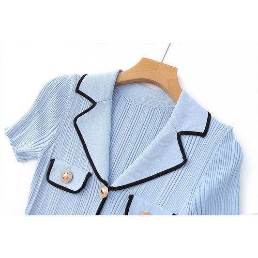 Women's Style Elegant Lapel Short-sleeved Knitted Dress Early Spring Temperament Dresses