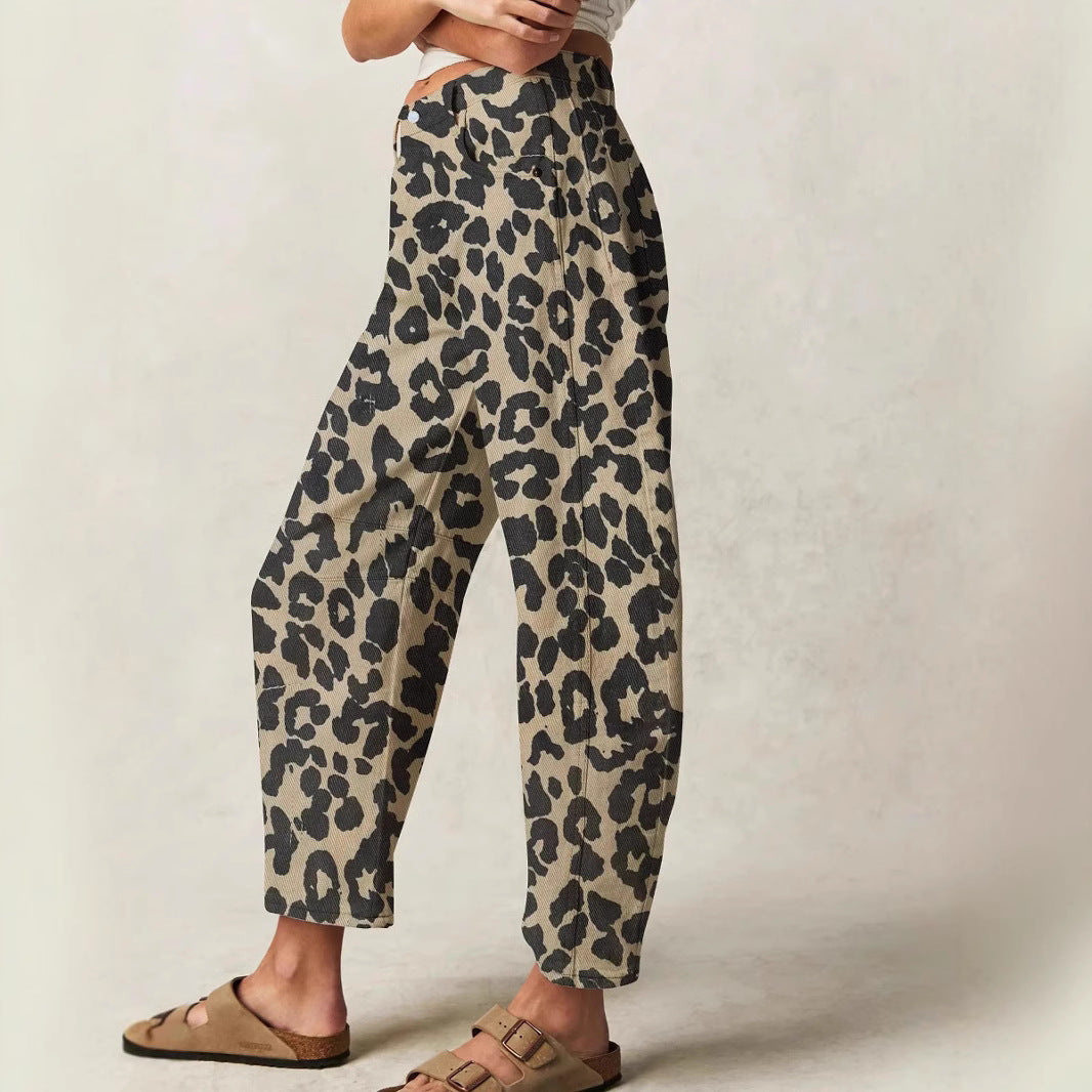 Women's Leopard Print Casual Loose Mid Waist Jeans