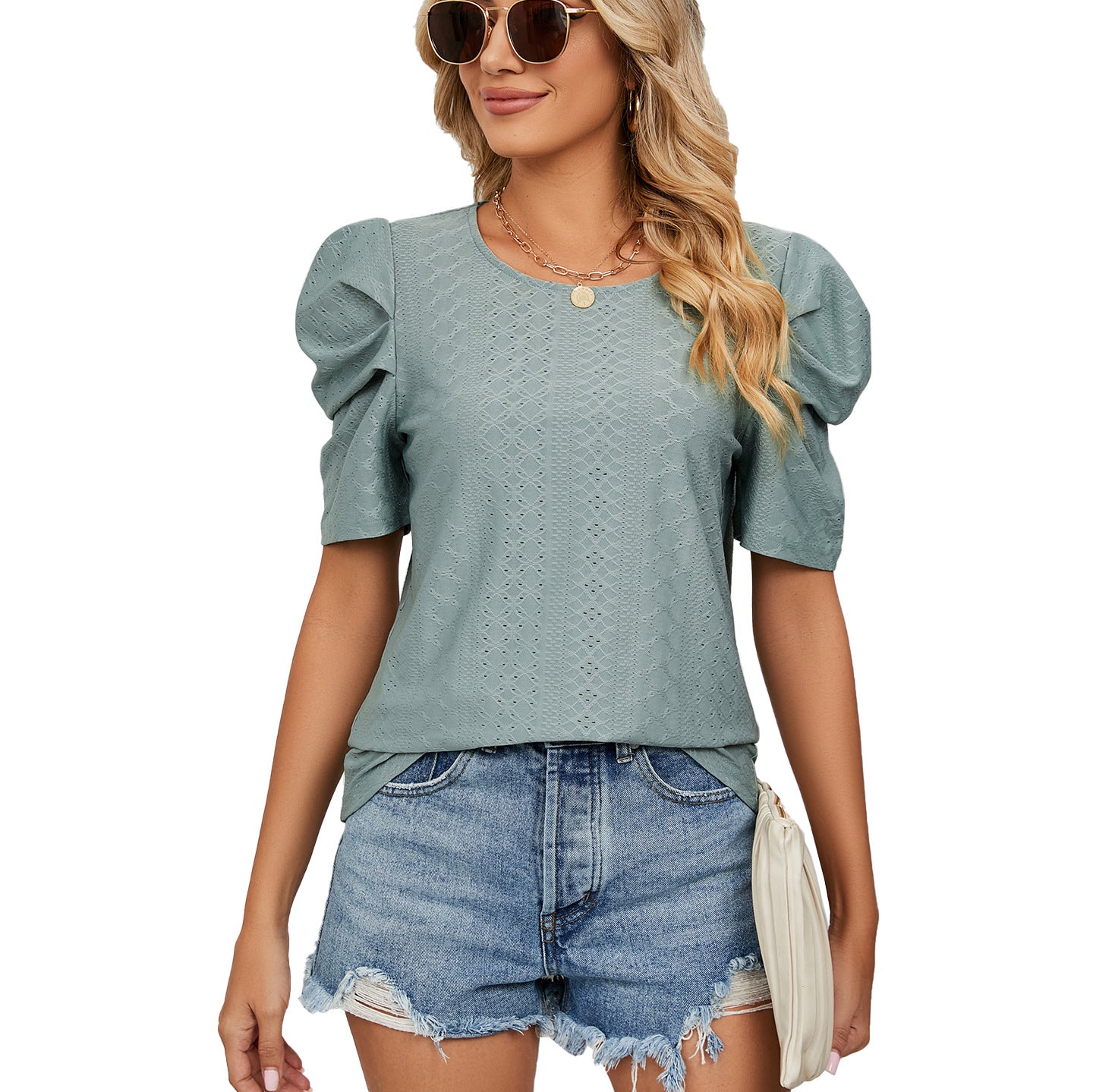 Solid Color Round Neck Pleated Loose-fitting Tops