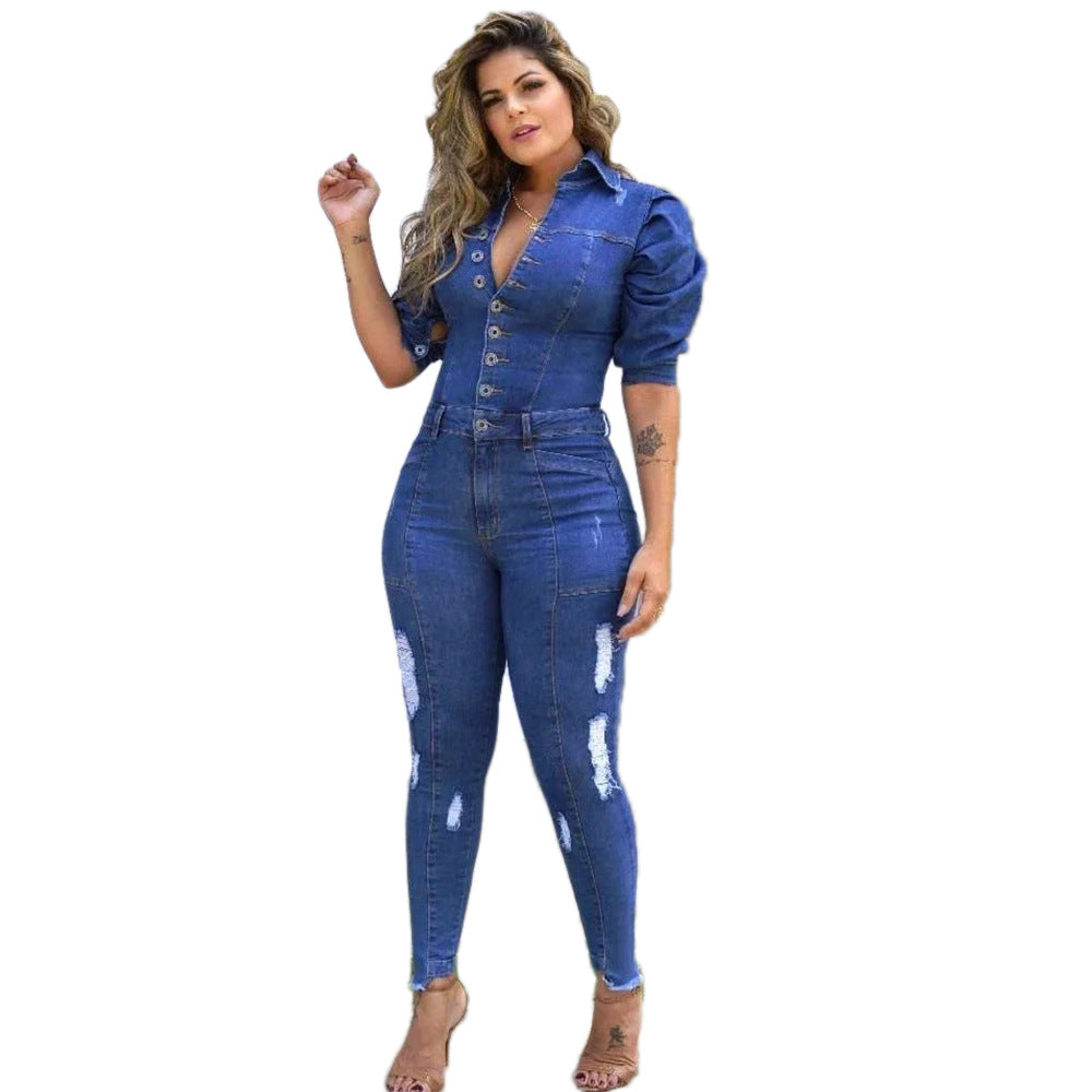 Women's Stacking Sleeve Puff Fashion Casual Sexy Denim Jeans