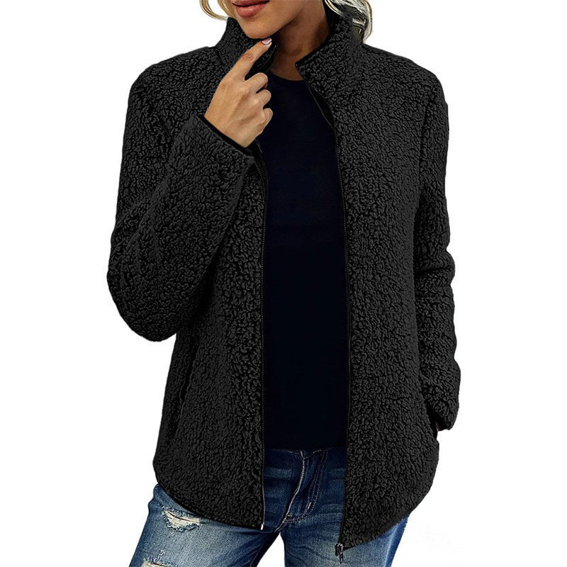 Women's Solid Color Loose Casual Zipper Bubble Veet Coats