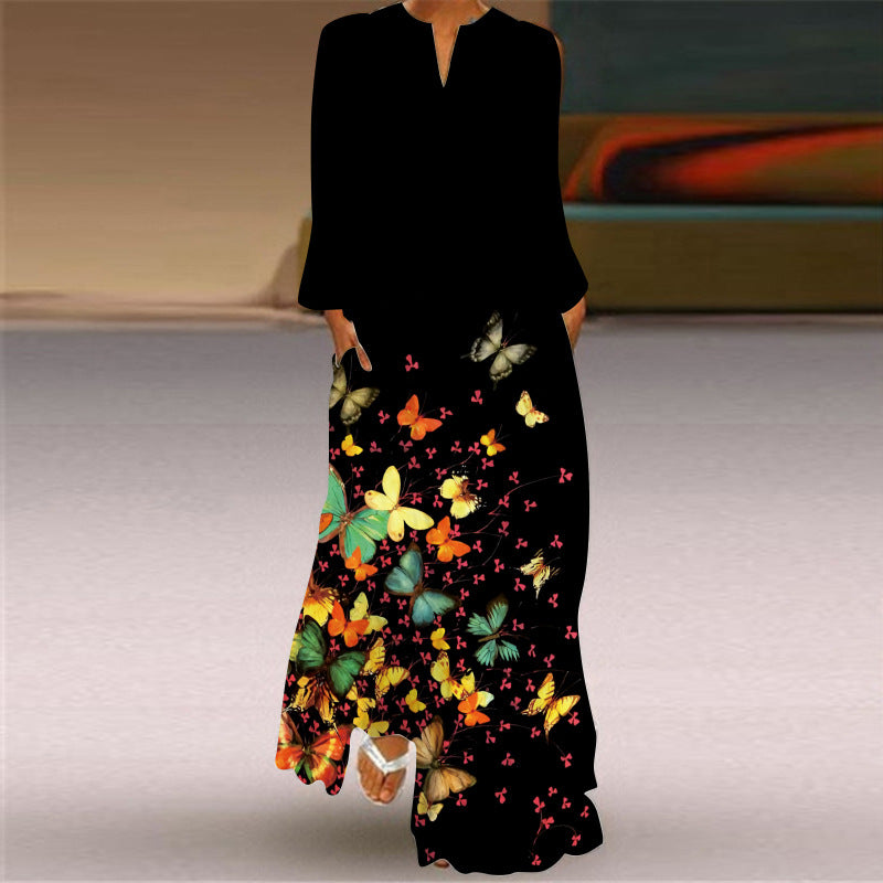 Women's Long Dress Sleeve Pocket Printed Loose Dresses