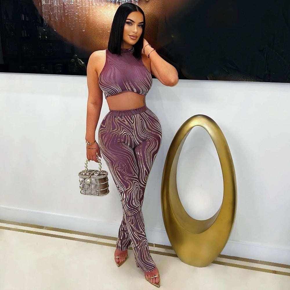 Two-piece Fashion Round Neck Sexy Sleeveless With Slim Suits
