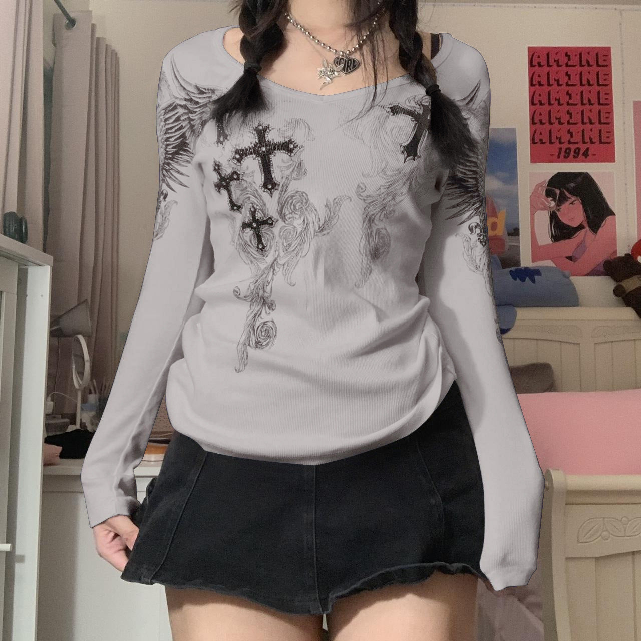 Women's Rhinestone Printed Round Neck Temperament Commute Long Blouses