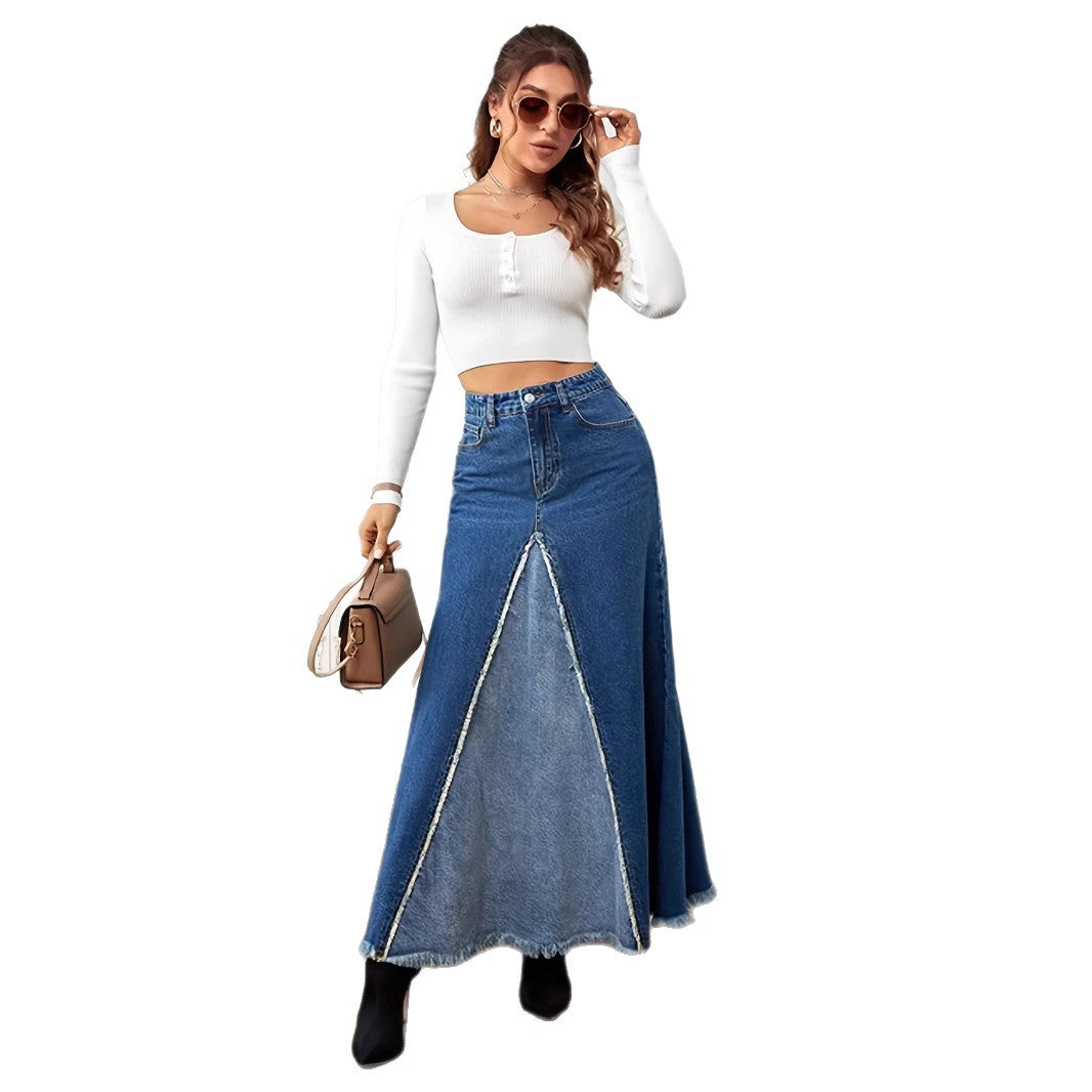 Women's Summer Patchwork Denim Frayed Long Skirts