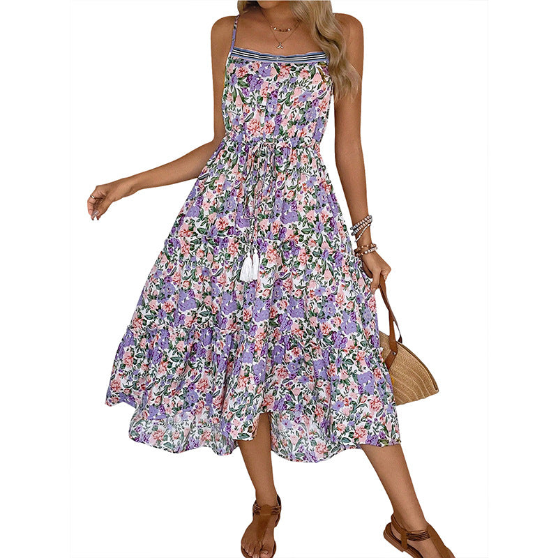 Casual Layered Suspender Drawstring Floral Print Dresses