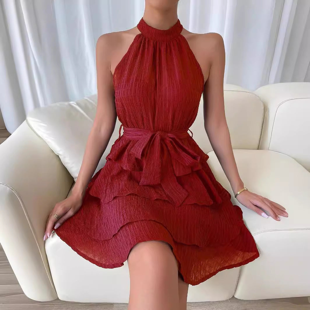 Women's Summer Halter Stitching Sleeveless Ruffled Dress Dresses