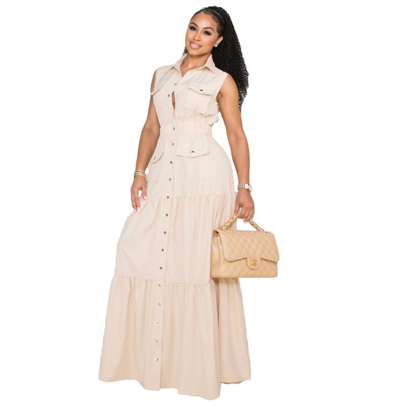 Women's Fashion Sexy Lapel Single Breasted Elastic Waist Large Dresses