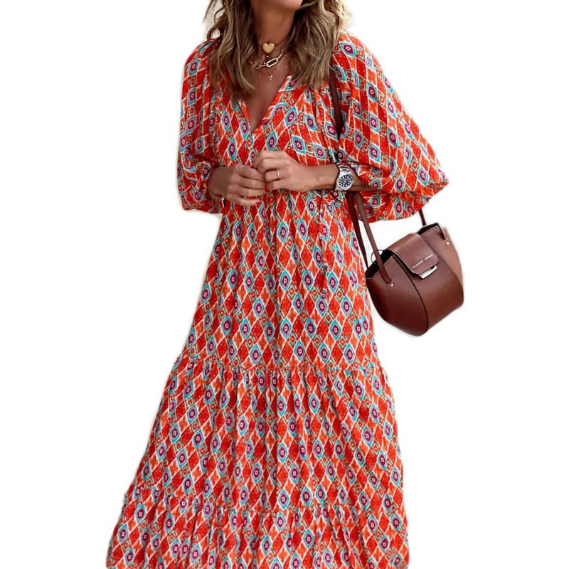 Women's Autumn Geometric Collage Puff Sleeve Dress Street Clothing