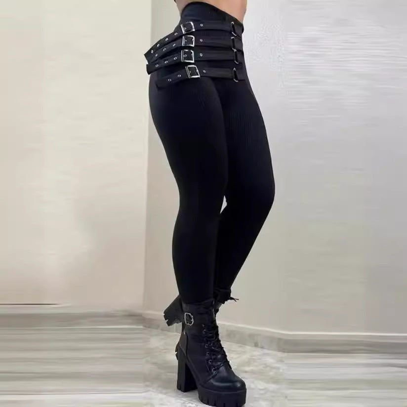Women's Waist Buckle Tights Pencil Slim Fit Pants