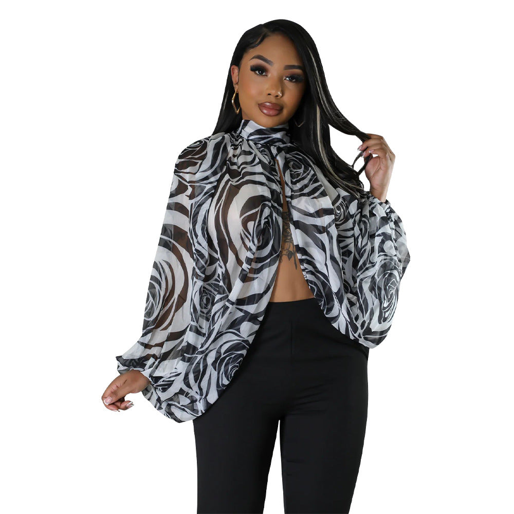 Women's Lace Printing Chiffon Shirt Batwing Sleeve Blouses