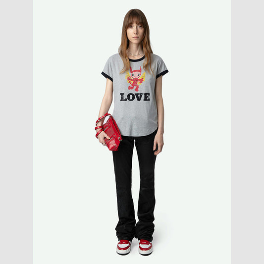 Doll Print Cotton Linen Floral Gray Female Blouses