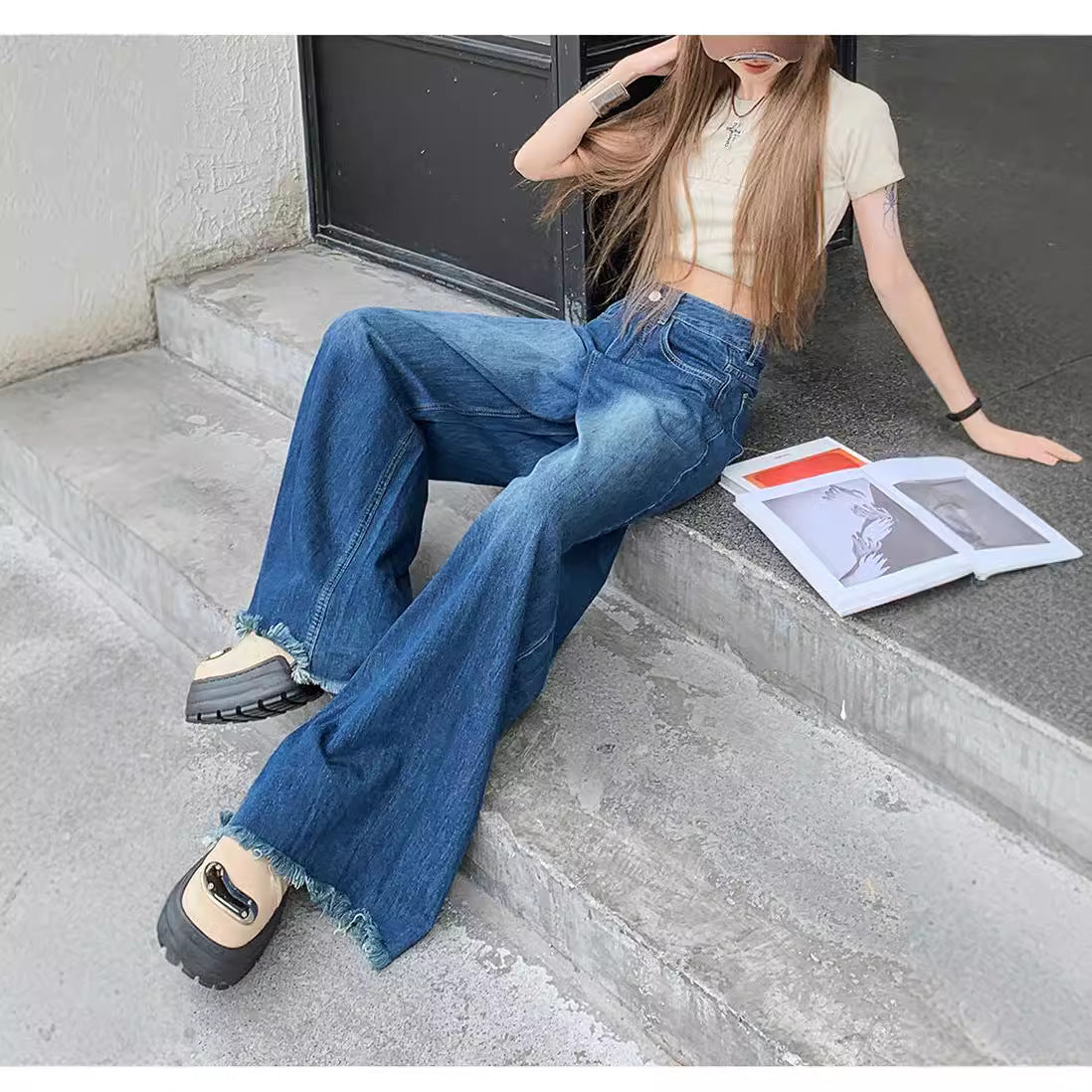 Wide Leg Elephant Loose Trousers Raw Jeans