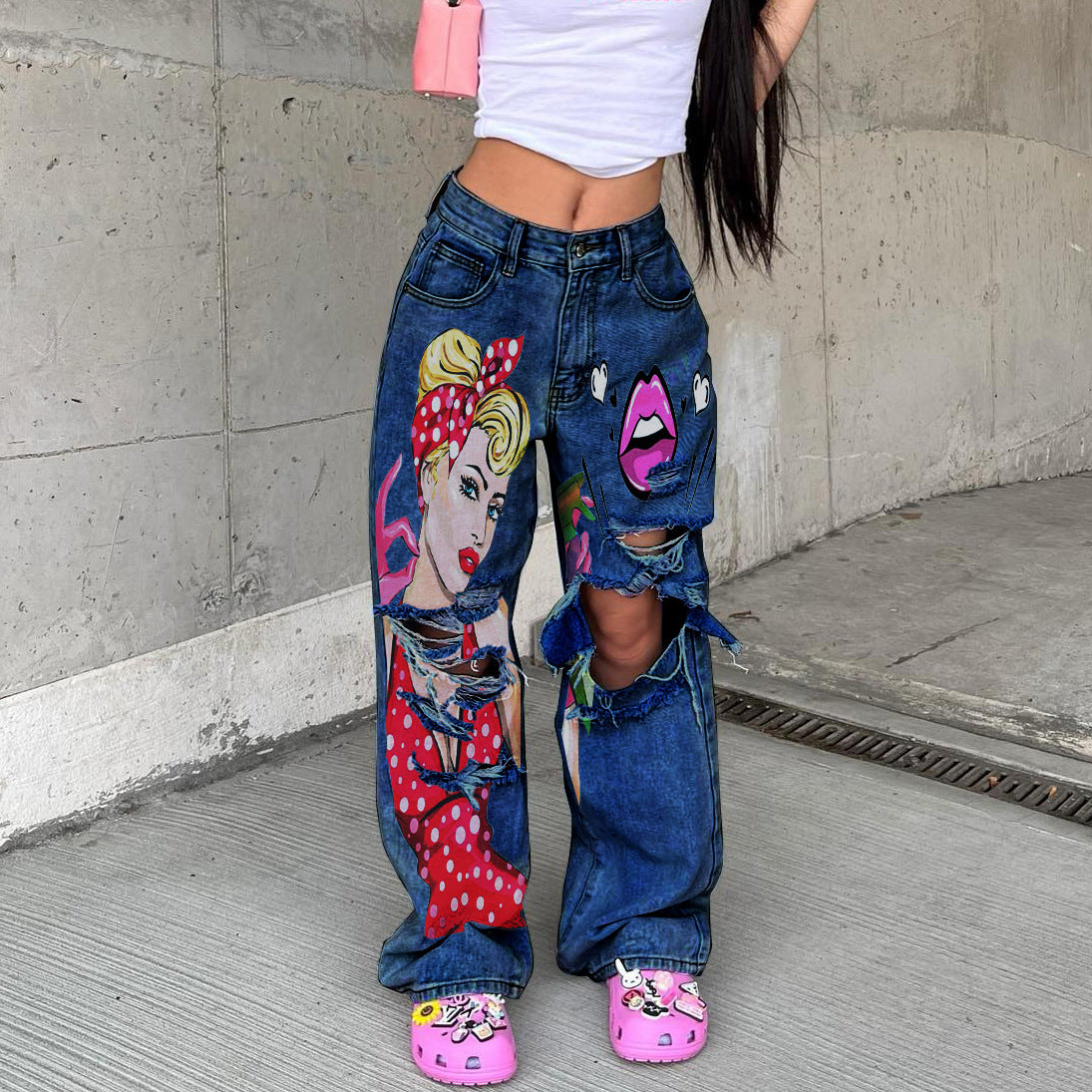 Women's Washed High Waist Wide Leg Fashion Printing Jeans