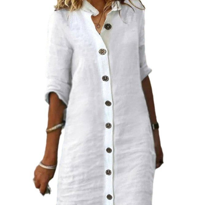 Women's Collar Half Sleeve Large Round Buckle Cotton Dresses