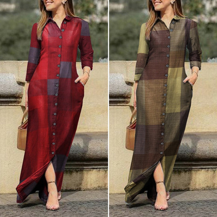 Women's Casual Polo Collar Robe Long Floral Dresses