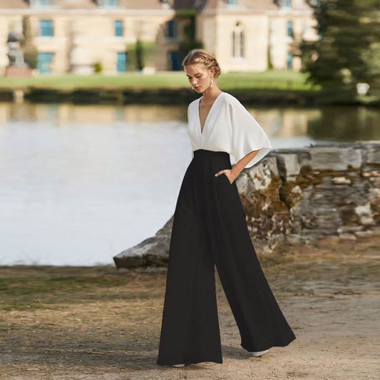 Women's Contrast Color Dress Deep V High Pants