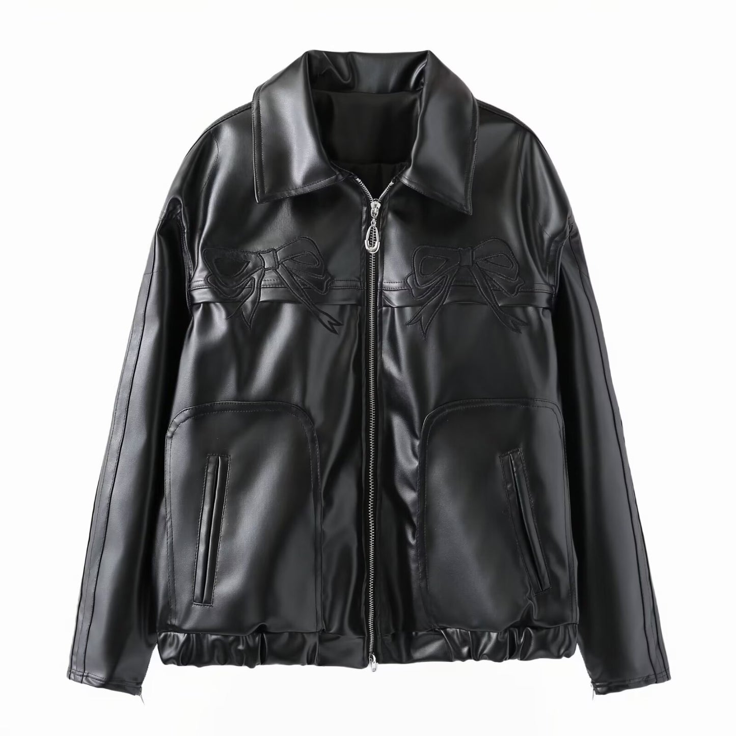 Women's Winter Sweet Cool Bowknot Embroidery Leather Jackets