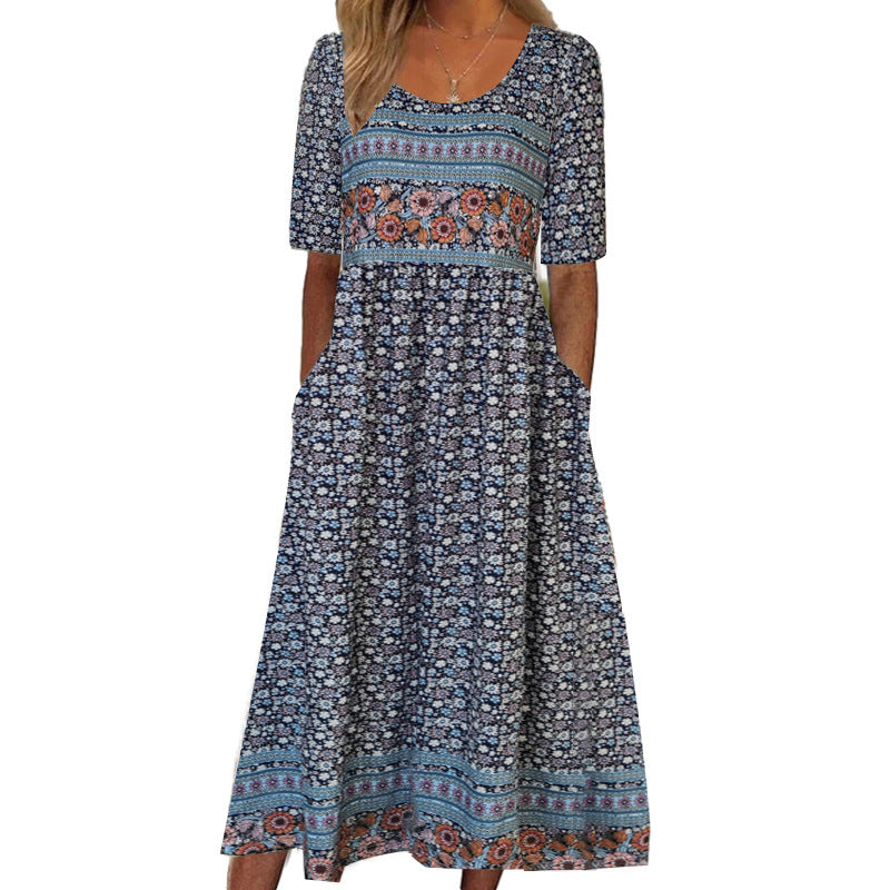 Women's Summer Round Neck Sleeve Dress Bohemian Dresses